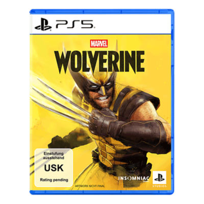PS5-Cover von Marvel’s Wolverine mit Wolverine im gelben Anzug und ausgefahrenen Krallen vor leuchtend gelbem Hintergrund.