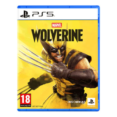 Jaquette PS5 de Marvel’s Wolverine montrant Wolverine dans son costume jaune avec les griffes sorties sur un fond jaune vif.