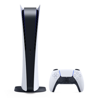 PS5 Digital Edition Console standing next to DualSense Wireless Controller