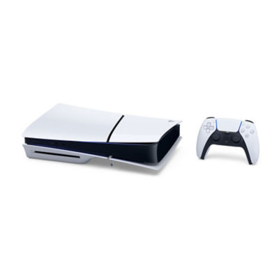 A white PS5 console standing horizontally with a white DualSense wireless controller