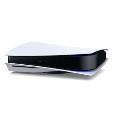 A white PS5 console standing horizontally