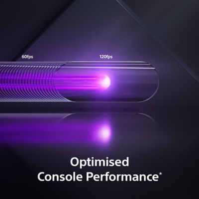 Abstract representation of console feature with bright purple beam travelling beneath increasing levels of framerates