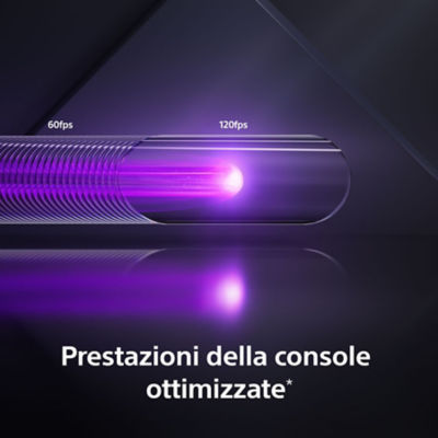 Rappresentazione astratta di una funzione della console con un fascio luminoso viola che avanza sotto livelli crescenti di framerate
