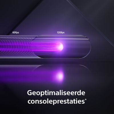 Abstracte weergave van een console met een helder paarse lichtstraal onder oplopende framerates
