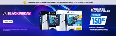 Banner promocional PlayStation Black Friday com o texto “Os membros do PS Plus acumulam esta vantagem com os seus 5 % de desconto adicional.” Apresenta a consola PS5, o comando DualSense e a edição limitada Ghost of Yōtei. Texto: “Poupa até 150 € em hardware e pacotes selecionados PS5.”