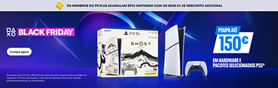 Banner promocional PlayStation Black Friday com o texto “Os membros do PS Plus acumulam esta vantagem com os seus 5 % de desconto adicional.” Apresenta a consola PS5, o comando DualSense e a edição limitada Ghost of Yōtei. Texto: “Poupa até 150 € em hardware e pacotes selecionados PS5.”