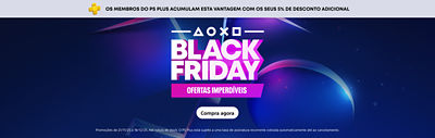 Banner principal PlayStation Black Friday com texto “Ofertas imperdíveis” em destaque sobre fundo azul e violeta com ícones PlayStation. O logótipo PlayStation Plus aparece no topo, acompanhado de um botão “Compra agora” ao centro.