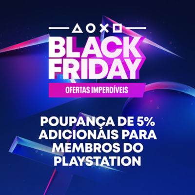 Imagem promocional do PlayStation Black Friday com fundo em tons de azul e roxo. Texto: “BLACK FRIDAY — Ofertas imperdíveis. Poupança de 5% adicionais para membros do PlayStation.” Ícones da PlayStation posicionados no topo.