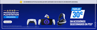 Banner azul com texto branco “Promoções da PlayStation – Ofertas imperdíveis.” No topo, uma faixa cinzenta diz “Os membros do PS Plus acumulam esta vantagem com os seus 5% de desconto adicional.” À direita, texto “Poupa até 30€” seguido de “em acessórios selecionados da PS5®.” A imagem mostra um comando DualSense, o PlayStation Portal, um headset PS5® e o ícone PS Plus. Botão branco à esquerda com o texto “Compra agora.”