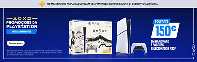 Banner promocional PlayStation Black Friday com o texto “Os membros do PS Plus acumulam esta vantagem com os seus 5 % de desconto adicional.” Apresenta a consola PS5, o comando DualSense e a edição limitada Ghost of Yōtei. Texto: “Poupa até 150 € em hardware e pacotes selecionados PS5.”