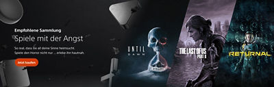 Dunkles Banner zur Sammlung „Spiele mit der Angst“ mit Covern von Until Dawn, The Last of Us Part II und Returnal. Im Hintergrund sind Laub und PlayStation-Hardwareteile zu sehen.