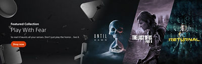 Dark promotional banner for the “Play With Fear” collection featuring cover art for Until Dawn, The Last of Us Part II, and Returnal. Background includes floating leaves and DualSense controller pieces.