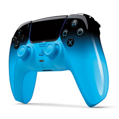 Une manette sans fil DualSense Rhythm Blue, à la verticale et sous un léger angle
