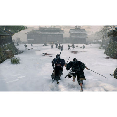 Two samurai running towards a large scale fight in a snowy village