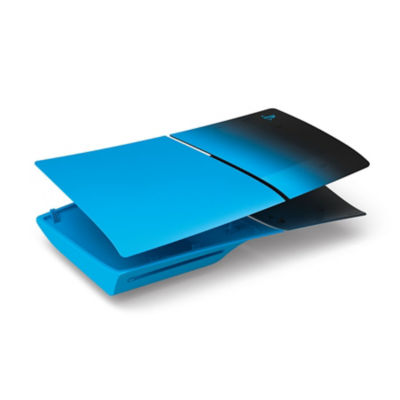 Vista esplosa delle cover per console PS5 Slim blu e nere disposte in piano