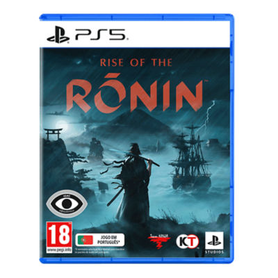 A caixa da PS5 do Rise of the Ronin com um samurai numa costa com uma tempestade e grandes navios no mar