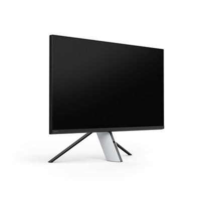 Um monitor de jogos preto, visto ligeiramente de lado