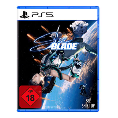 PS5-Verpackung von Stellar Blade, auf der EVE verkehrt herum in der Erdatmosphäre schwebend zu sehen ist.
