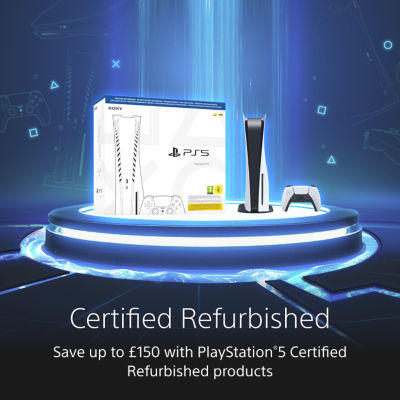 Promotional image for PlayStation 5 Certified Refurbished products. Shows a PS5 console, controller, and packaging on a glowing blue platform with text: “Certified Refurbished. Save up to £150 with PlayStation 5 Certified Refurbished products