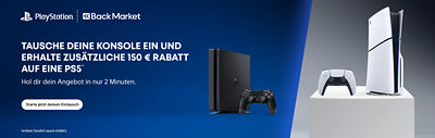 PlayStation und Back Market. Tausche deine Konsole ein und erhalte zusätzliche 150 € Rabatt auf eine PS5®. Hol dir dein Angebot in nur 2 Minuten. Starte jetzt deinen Eintausch. Vertikaler Standfuß separat erhältlich.