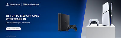 Promotional banner featuring the PlayStation and Back Market logos, a PS4 console and DualShock controller on the left, and a PS5 console and DualSense controller on the right. Text: “Save big on PS5! Trade-in your PS4 now! And get an extra £50 off.”