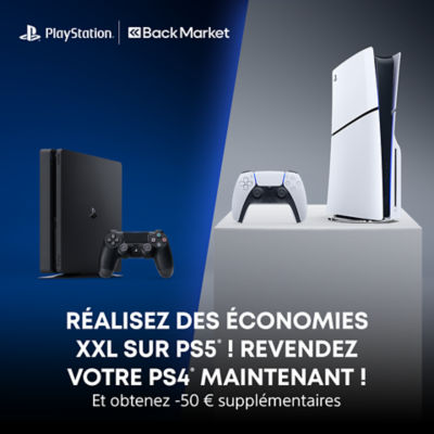 Deux consoles PlayStation posées sur des socles : une PS4 noire à gauche et une PS5 blanche à droite. Texte : "Réalisez des économies XXL sur PS5 ! Revendez votre PS4 maintenant ! Et obtenez -50 € supplémentaires". Logos PlayStation et Back Market en haut.