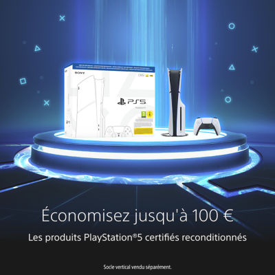 Image promotionnelle pour les produits PlayStation®5 reconditionnés certifiés présentés sur une plateforme futuriste lumineuse avec une boîte PS5, une console PS5 et une manette sans fil DualSense. Le texte indique : « Économisez jusqu'à 100 € », « Les produits PlayStation®5 certifiés reconditionnés » et « Socle vertical vendu séparément ».