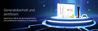 Werbebanner mit PlayStation 5 Zertifizierten Generalüberholten Produkten auf einer futuristischen, blau beleuchteten Plattform. Das Bild zeigt eine PS5-Konsole und einen DualSense-Controller in ihrer Verpackung mit dem Text „Zertifiziert Generalüberholt – Sparen Sie bis zu 100 € bei PlayStation 5 Zertifiziert Generalüberholten Produkten“.