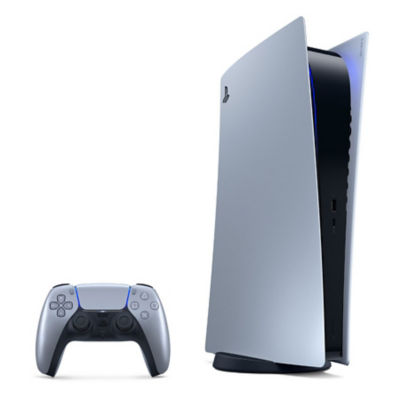 A PS5 Digital Edition console with Sterling Silver covers alongside a Sterling Silver DualSense wireless controller