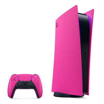 A PS5 Digital Edition console with Nova Pink covers alongside a Nova Pink DualSense wireless controller