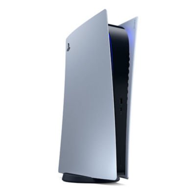 A PS5 Digital Edition console with Sterling Silver covers standing vertically at a slight angle