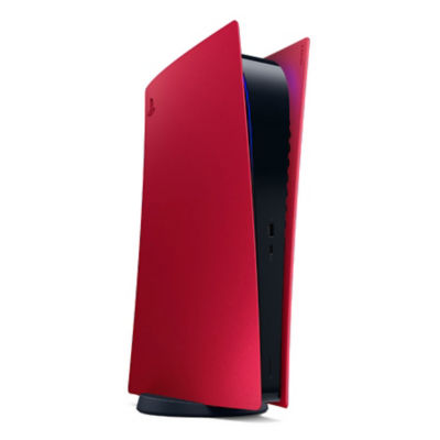 Una console PS5 edizione digitale con coperture Volcanic Red in verticale, leggermente angolata