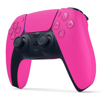 Une Manette Playstation Rose Avec Un Néon Coloré En Bas.