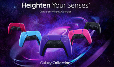 Midnight Black, Cosmic Red, Galactic Purple, Starlight Blue and Nova Pink DualSense Wireless Controllers on galaxy background