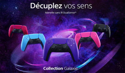 Manettes sans fil DualSense Midnight Black, Cosmic Red, Galactic Purple, Starlight Blue et Nova Pink sur arrière-plan Galaxy