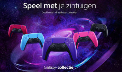 DualSense Midnight Black, Cosmic Red, Galactic Purple, Starlight Blue en Nova Pink draadloze controllers op ruimteachtergrond