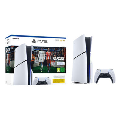 Weiße Kartonverpackung, auf der Artwork von EA 26 zu sehen ist, neben einer weißen PS5-Konsole und einem weißen DualSense Wireless-Controller.