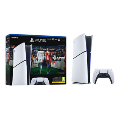 The box packaging displaying EA Sports FC 26 artwork, alongside a white PS5 console and a white DualSense wireless controller