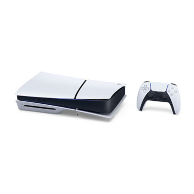 A white PS5 console standing horizontally with a white DualSense wireless controller