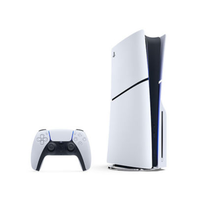A white PS5 console standing vertically at a slight angle with a white DualSense wireless controller