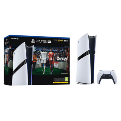 The white box packaging displaying EA SPORTS FC 26 artwork, alongside a white PS5 console and a white DualSense wireless controller