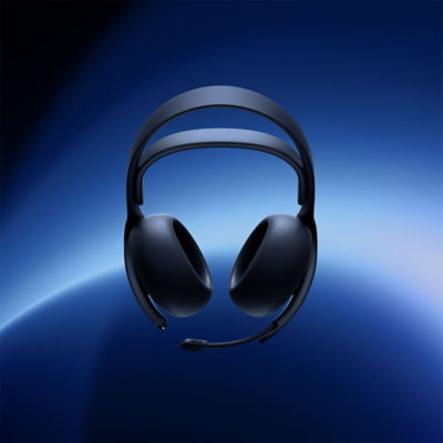 Een Midnight Black PULSE Elite draadloze headset, met uitgeklapte microfoon, omgeven door verschillende blauwtinten