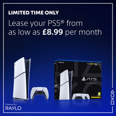 Promotional graphic for the PlayStation Sale showing a PS5® console, DualSense™ controller, and PS5® box on a dark blue background. Text reads: “PlayStation Sale. Limited time only. Lease your PS5® from as low as £8.99 per month.” The bottom corner features the text “Powered by Raylo.”