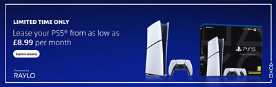 Promotional graphic for the PlayStation Sale showing a PS5® console, DualSense™ controller, and PS5® box on a dark blue background. Text reads: “PlayStation Sale. Limited time only. Lease your PS5® from as low as £8.99 per month.” The bottom corner features the text “Powered by Raylo.”
