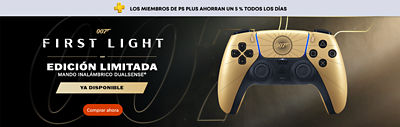 Mando inalámbrico DualSense edición limitada 007 First Light en dorado y negro con logotipo 007, ya disponible, con opción comprar ahora y banner de PS Plus con ahorro del 5 % diario.