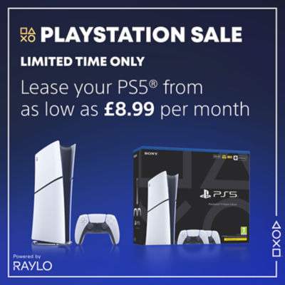 Promotional graphic for the PlayStation Sale showing a PS5® console, DualSense™ controller, and PS5® box on a dark blue background. Text reads: “PlayStation Sale. Limited time only. Lease your PS5® from as low as £8.99 per month.” The bottom corner features the text “Powered by Raylo.”