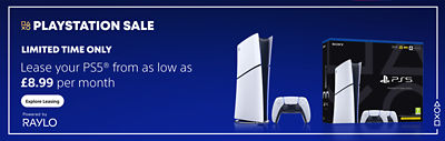Wide promotional banner for the PlayStation Sale featuring a PS5® console, DualSense™ controller, and PS5® box on a blue gradient background. Text reads: “PlayStation Sale. Limited time only. Lease your PS5® from as low as £8.99 per month.” A button labeled “Explore Leasing” appears beside the “Powered by Raylo” logo.