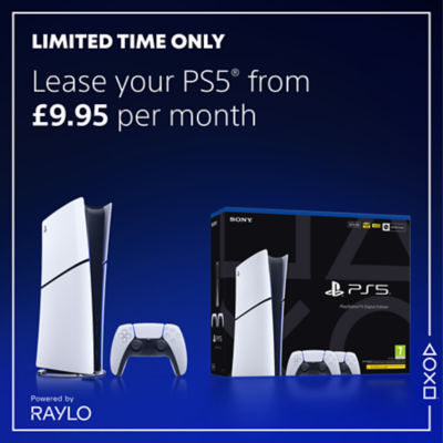 Promotional graphic for the PlayStation Sale showing a PS5® console, DualSense™ controller, and PS5® box on a dark blue background. Text reads: “PlayStation Sale. Limited time only. Lease your PS5® from  £9.95 per month.” The bottom corner features the text “Powered by Raylo.”