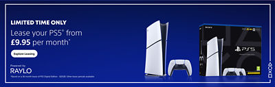 Promotional graphic for the PlayStation Sale showing a PS5® console, DualSense™ controller, and PS5® box on a dark blue background. Text reads: “PlayStation Sale. Limited time only. Lease your PS5® from  £9.95 per month.” The bottom corner features the text “Powered by Raylo.”