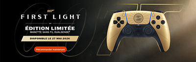 Manette sans fil DualSense édition limitée 007 First Light en or et noir avec logo 007, disponible le 27 mai 2026, avec bouton de précommande.